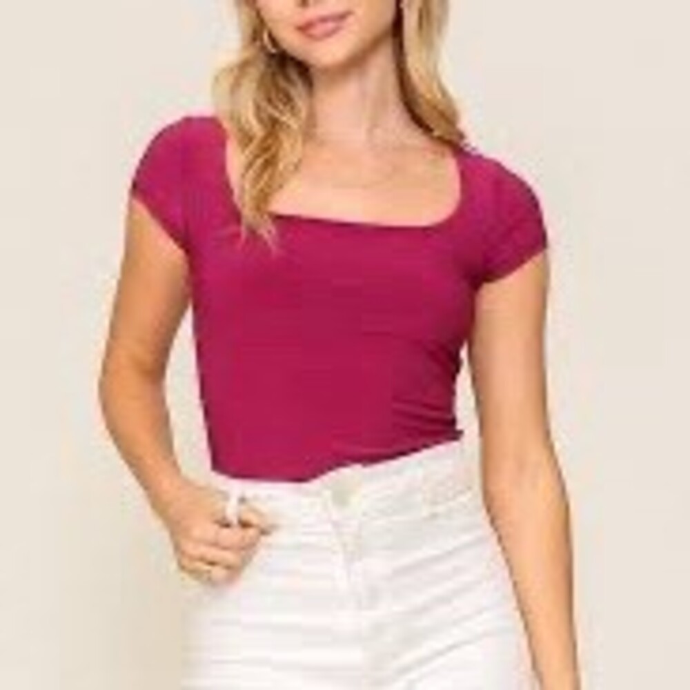 Womens Blouse XS Magenta Square Neck Puff Sleeve Cropped Fitted Stretch